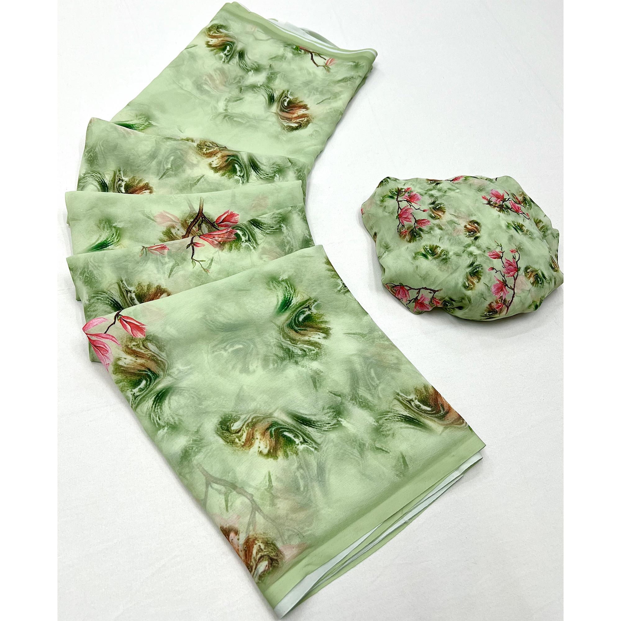 Green Floral Digital Printed Georgette Saree