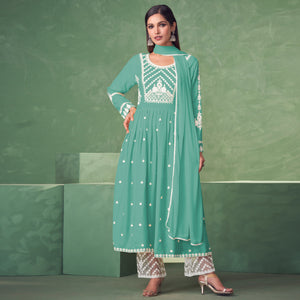 Turquoise Lucknowi Work Rayon Naira Cut Palazzo Suit