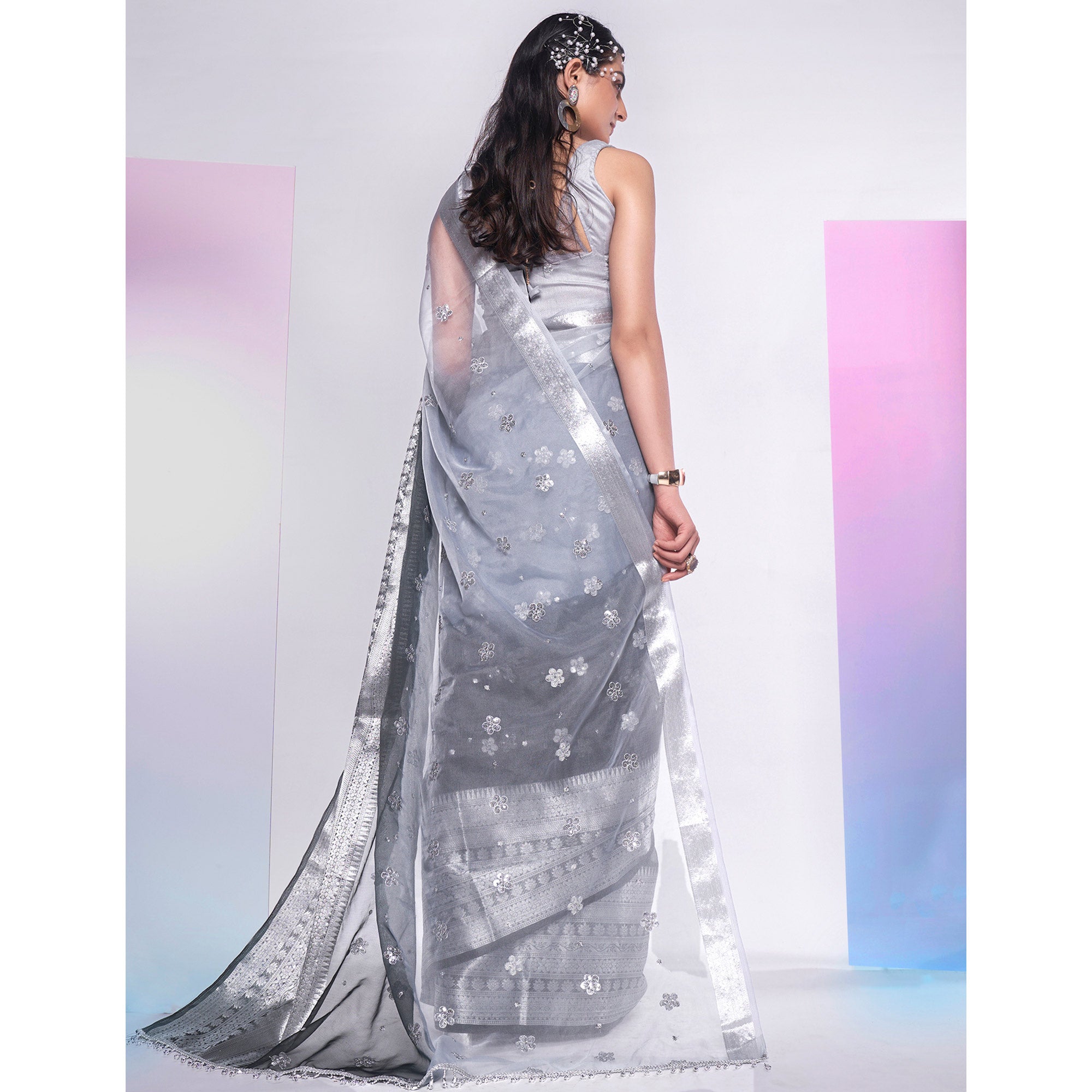 Black & Grey Sequins Embroidered Organza Saree