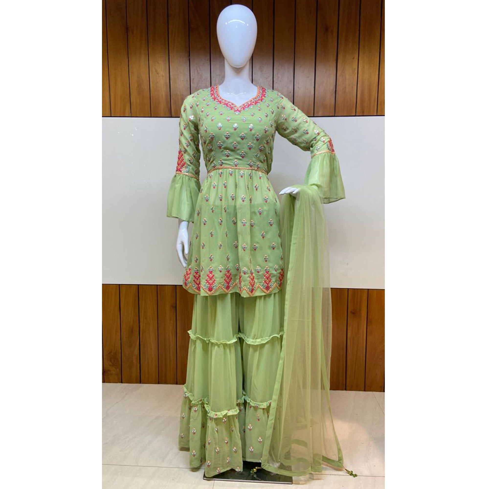 Pista Green Floral Embroidered Georgette Sharara Suit