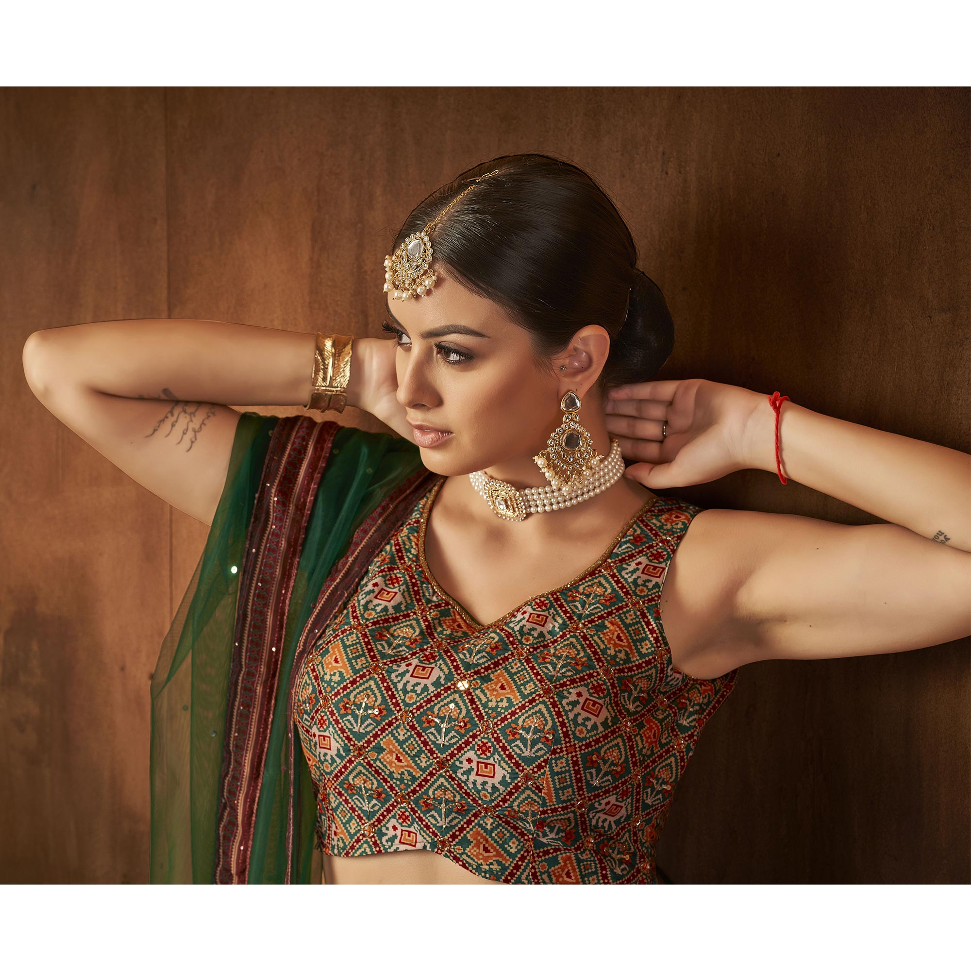 Green Printed With Sequins Work Georgette Lehenga Choli