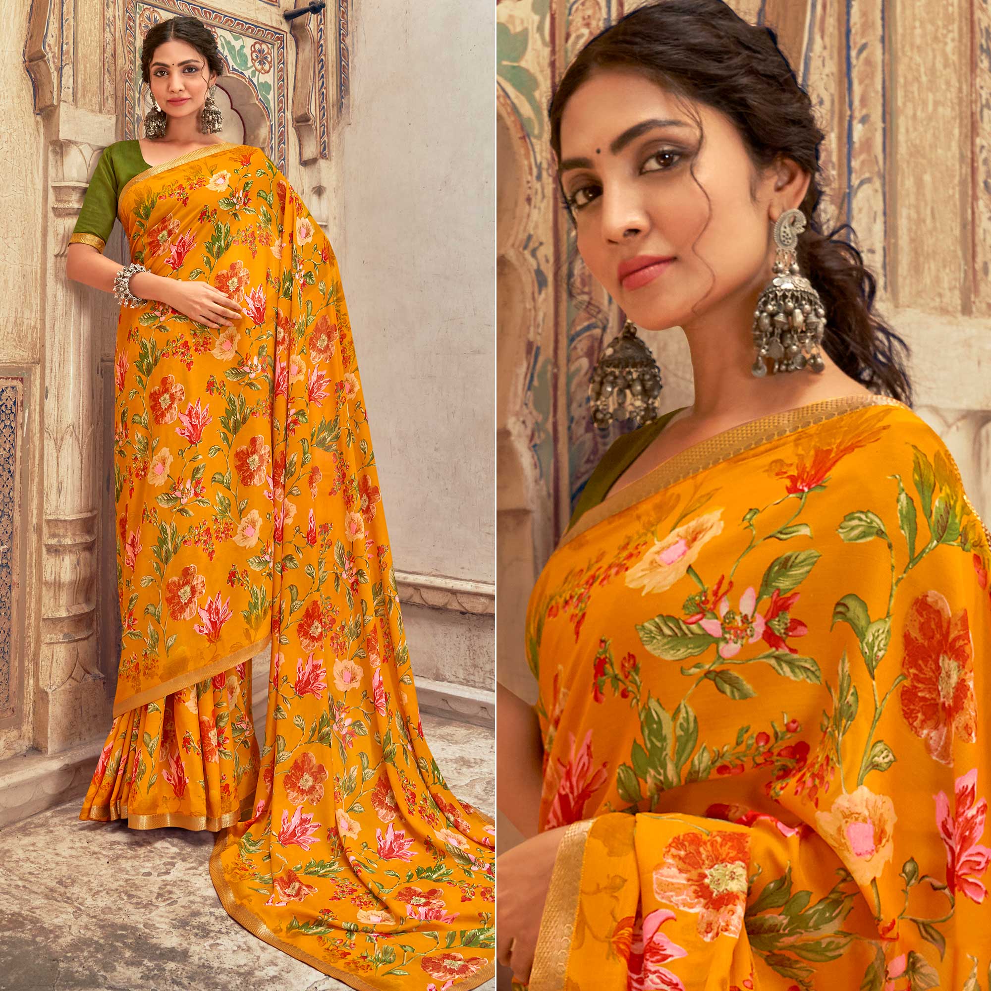 Orange Floral Printed Chiffon Saree