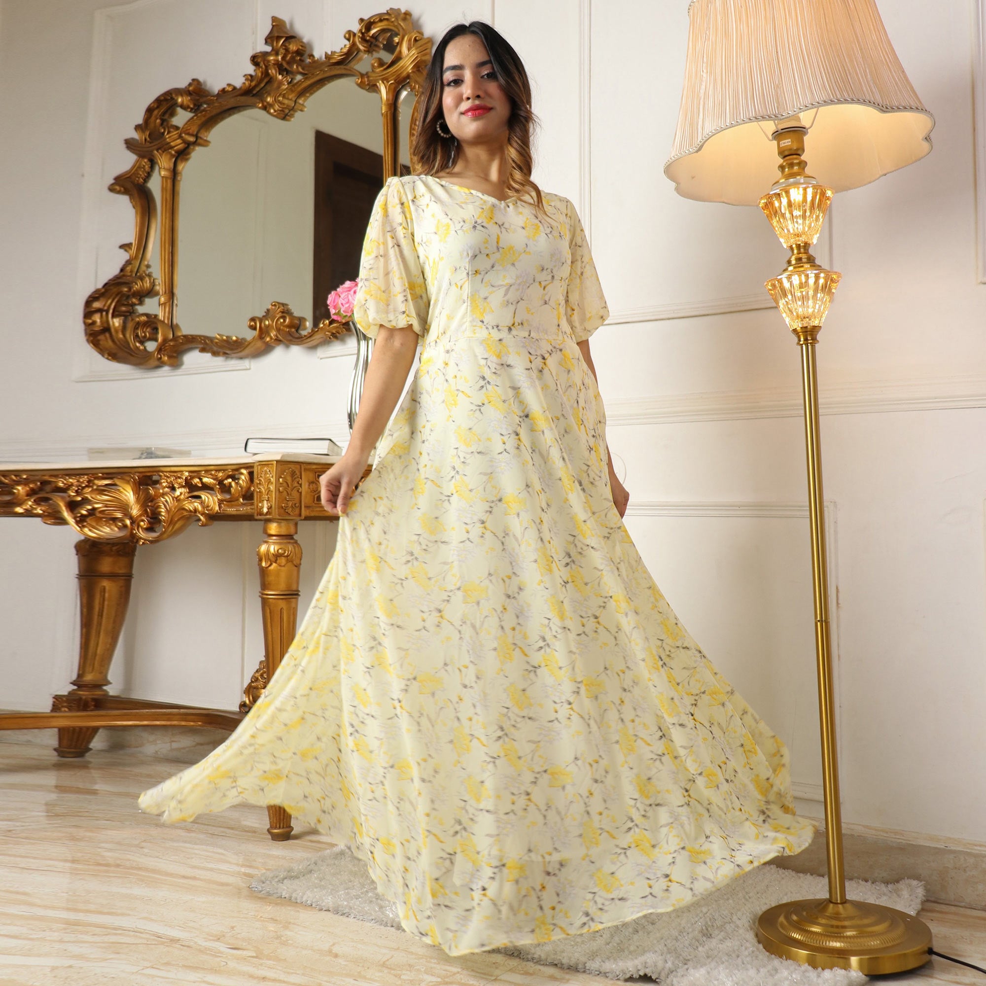 Light Lemon Yellow Floral Printed Georgette Gown