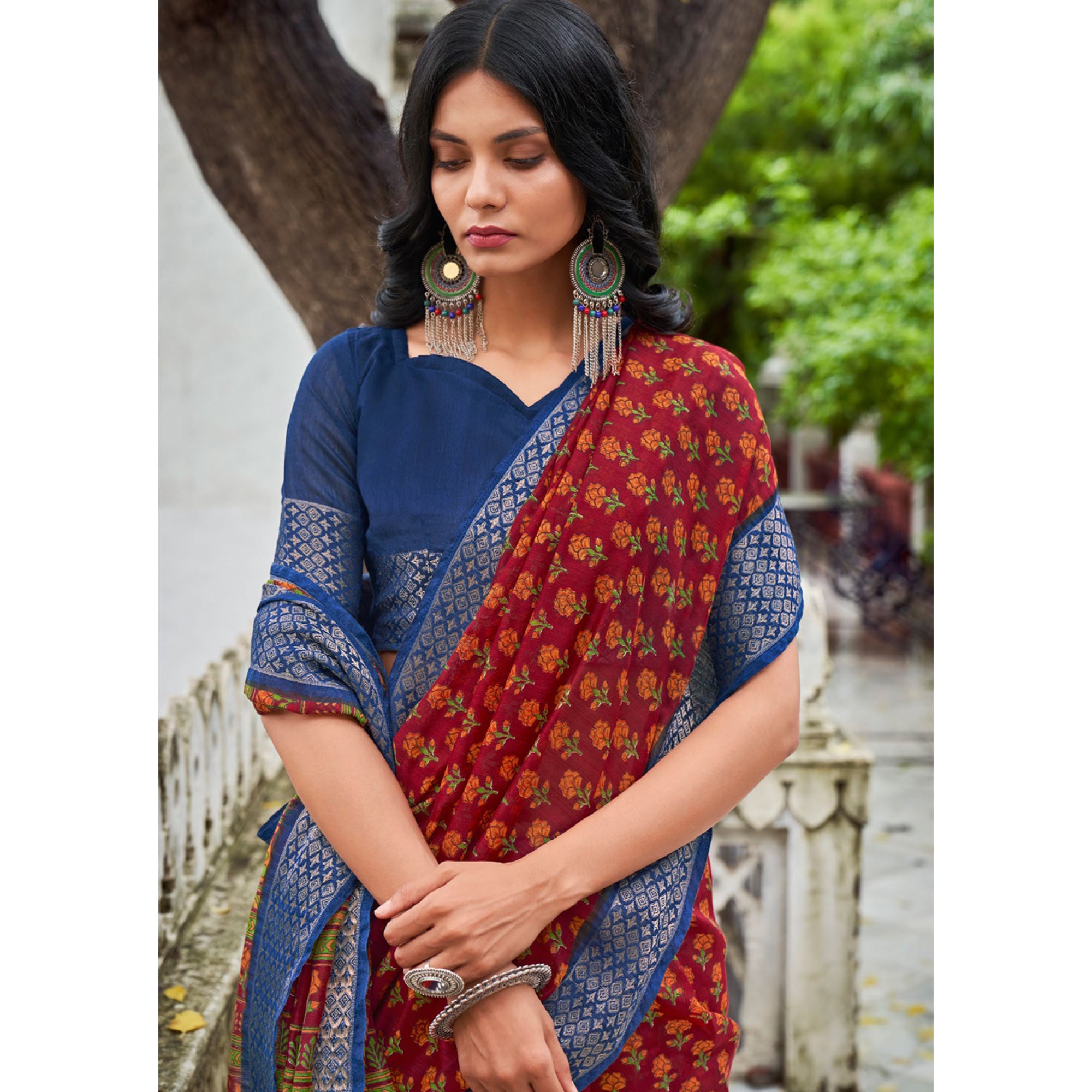 Pink Printed With Woven Border Raw Silk Saree