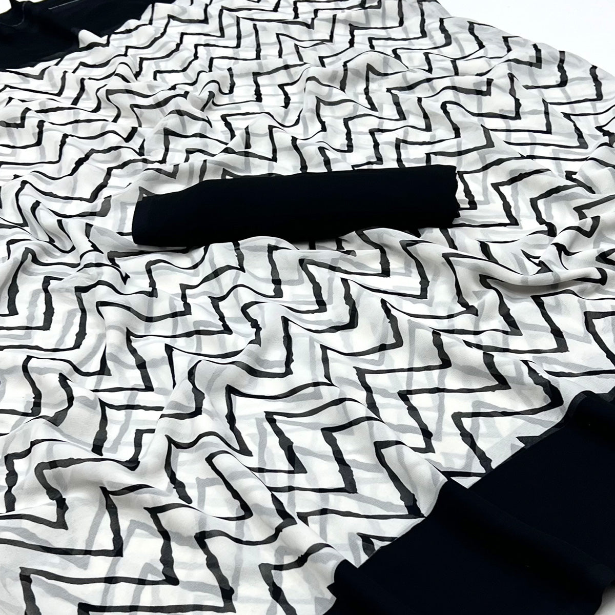White And Black Printed Georgette Saree