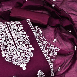 Wine Floral Embroidered Chanderi Dress Material