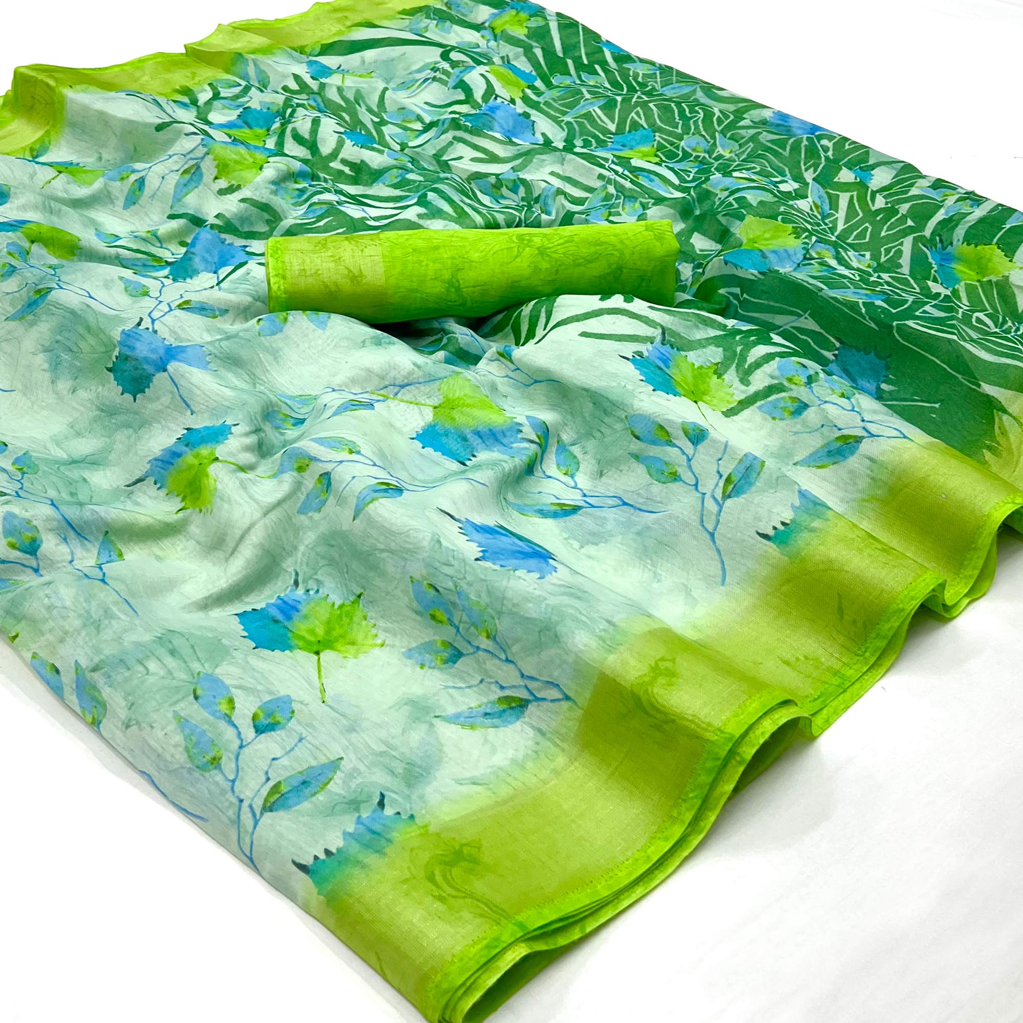 Green Floral Printed Linen Saree