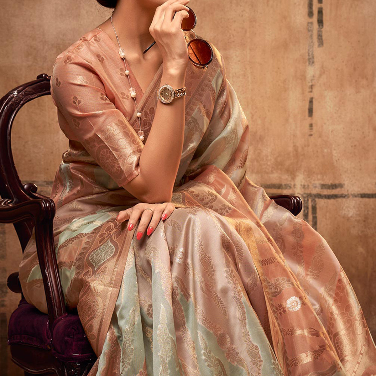 Peach & Green Woven Organza Saree