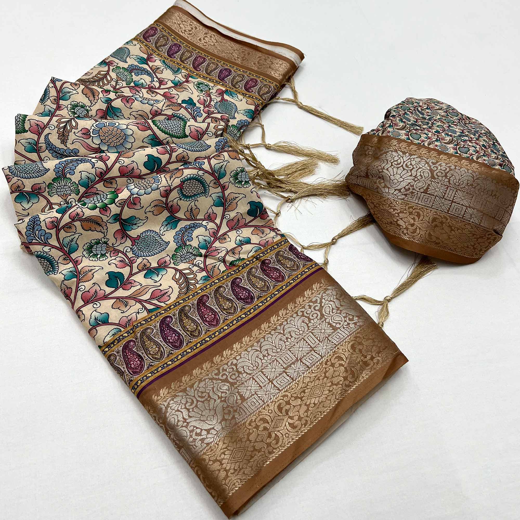 Light Brown Floral Digital Printed Pure Cotton Saree