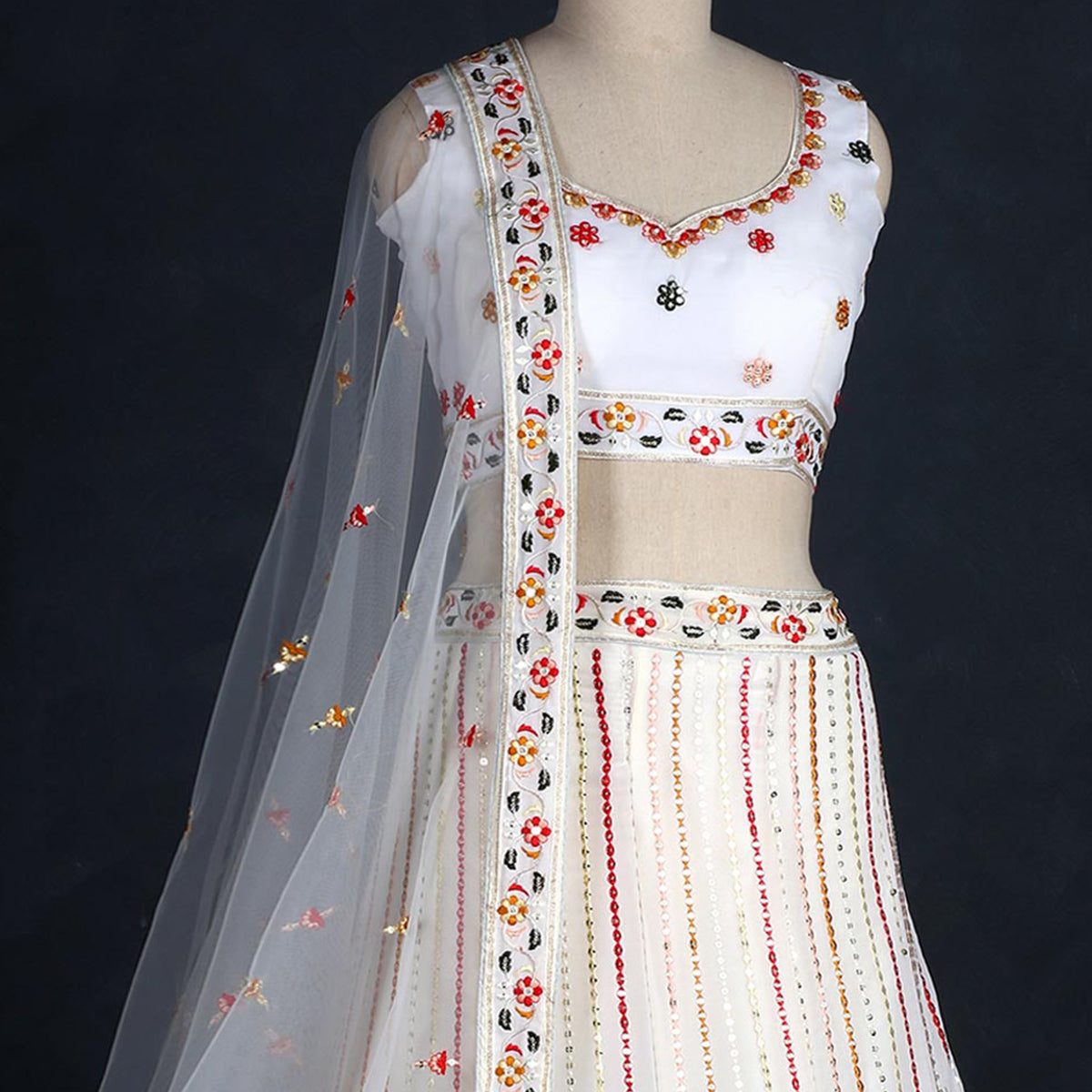 White Sequins Embroidered Georgette Lehenga Choli