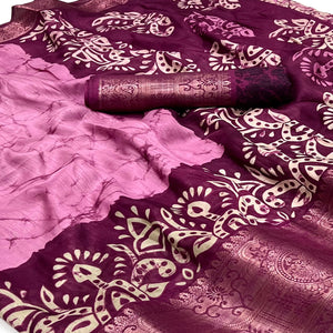 Pink Floral Printed With Woven Dola Silk Saree