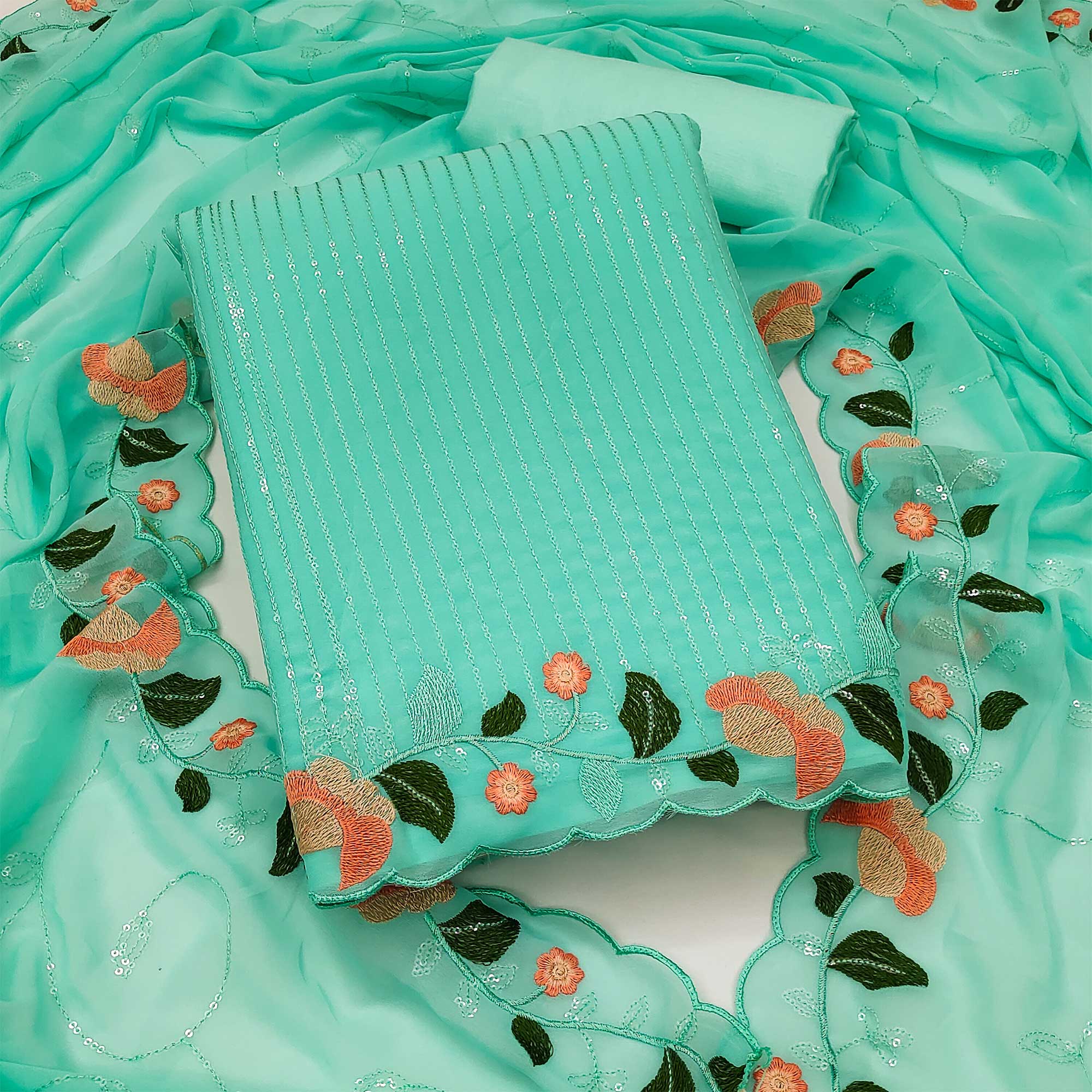 Turquoise Sequins Embroidered Georgette Dress Material