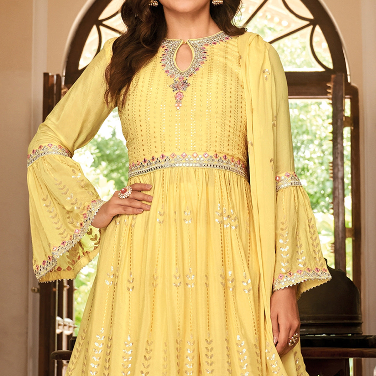 Yellow Floral Sequins Embroidered Chiffon Semi Stitched Sharara Suit