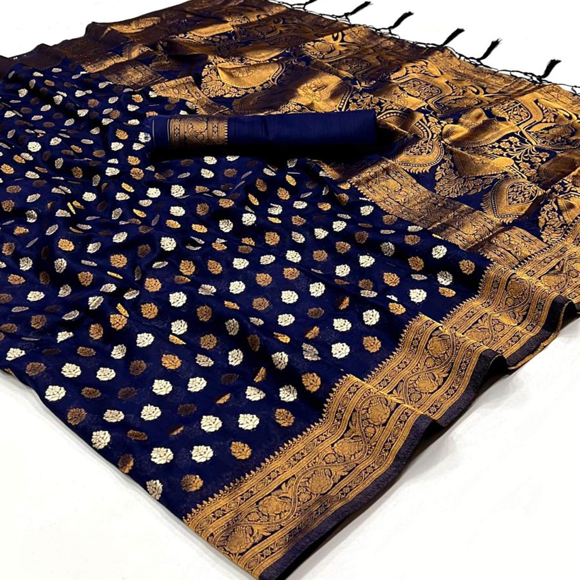 Navy Blue Woven Khadi Silk Saree With Tassels