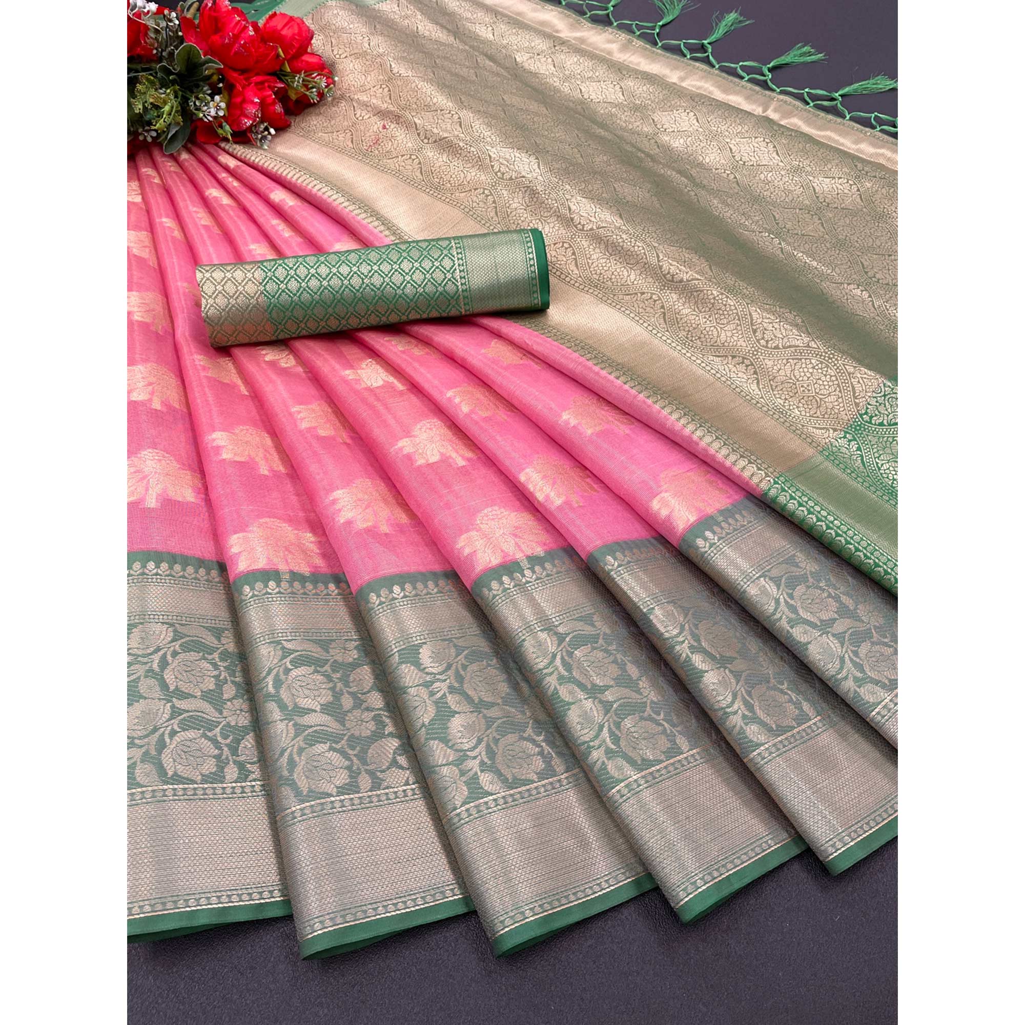 Pink Woven Art Silk Saree With Tassels