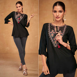 Black Floral Embroidered Rayon Top
