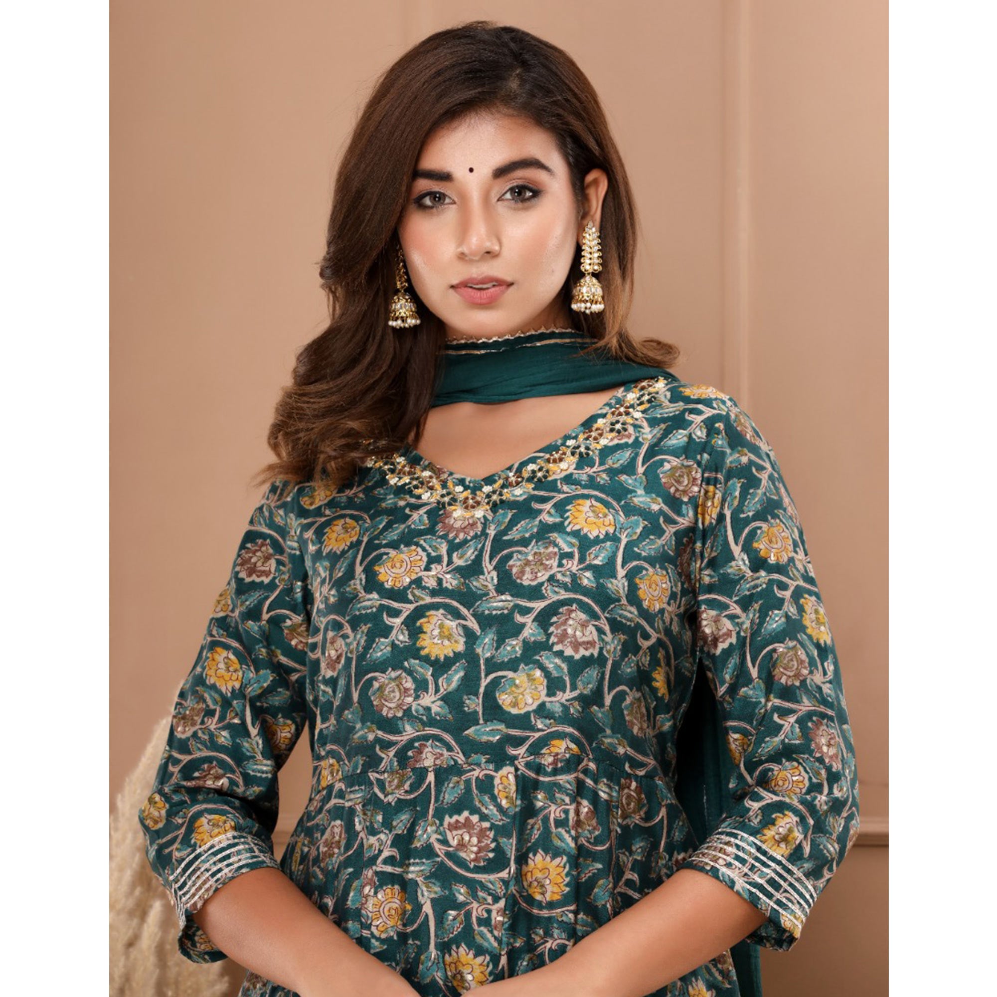 Green Jaipuri Printed With Gota Patti Work Muslin Anarkali Suit