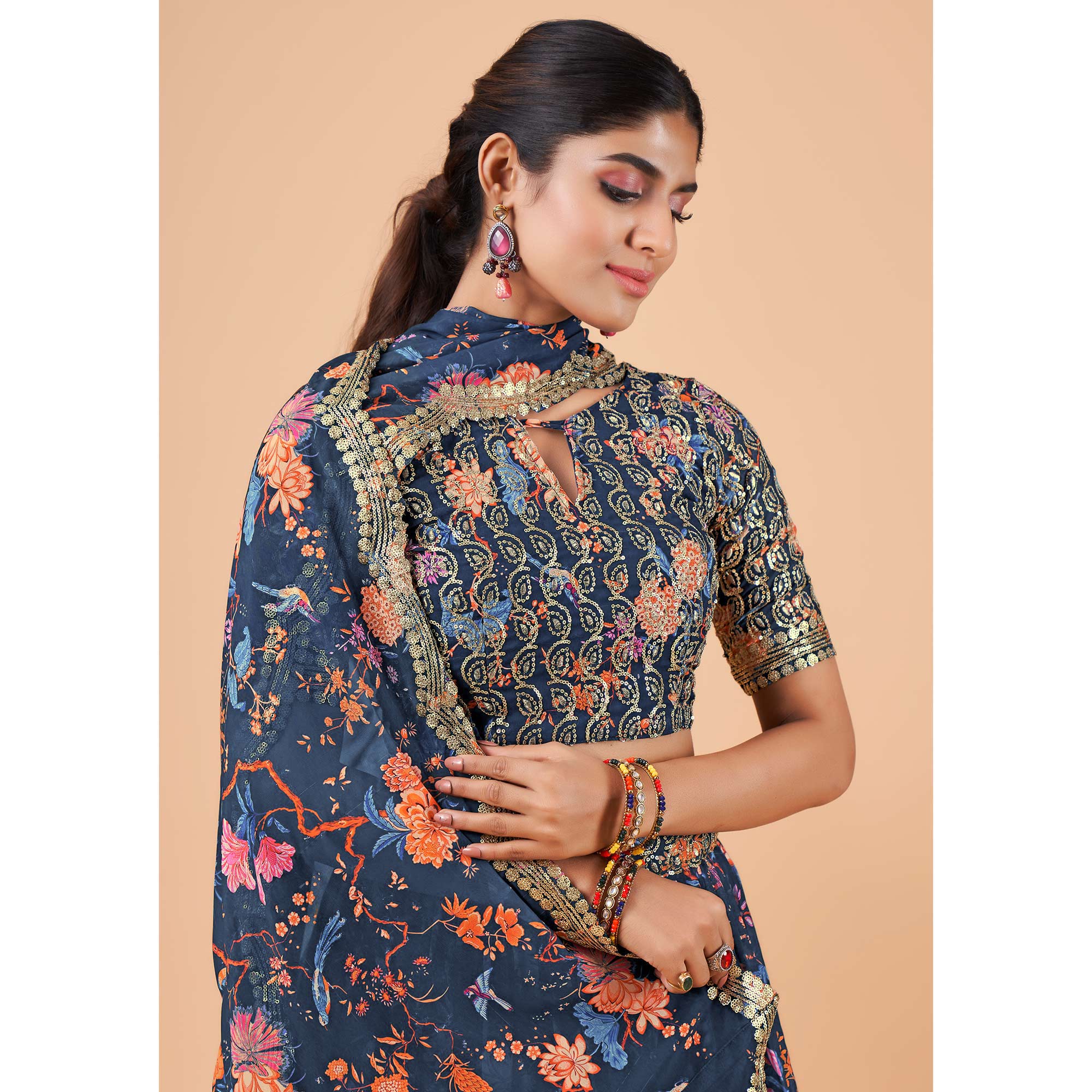 Blue Floral Printed And Sequins Work Georgette Lehenga Choli