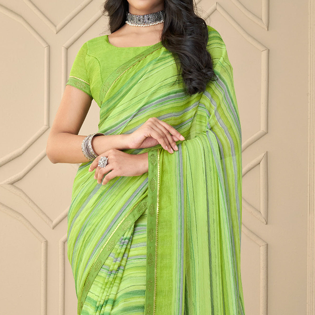 Green Printed Chiffon Saree With Tassels