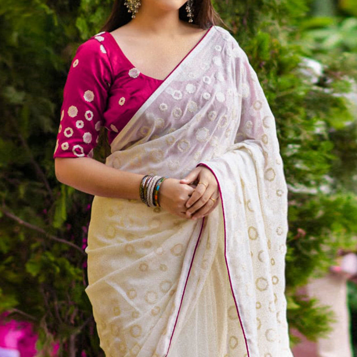 White Sequins Work Georgette Saree