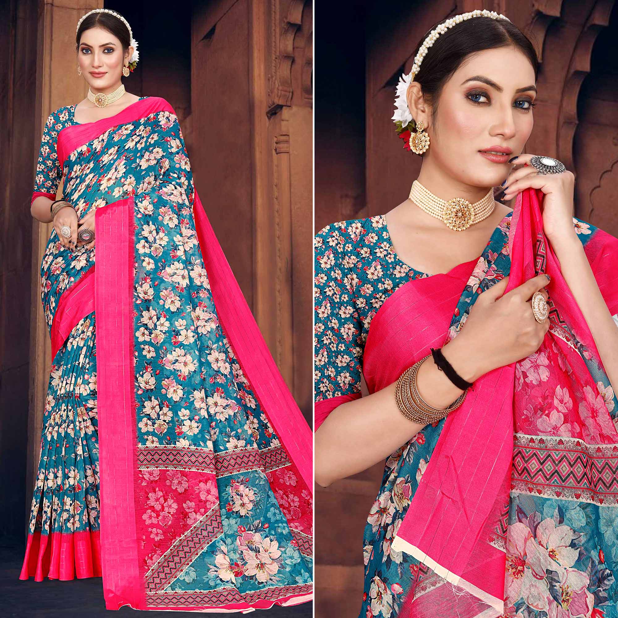 Blue Digital Printed Cotton Blend Saree