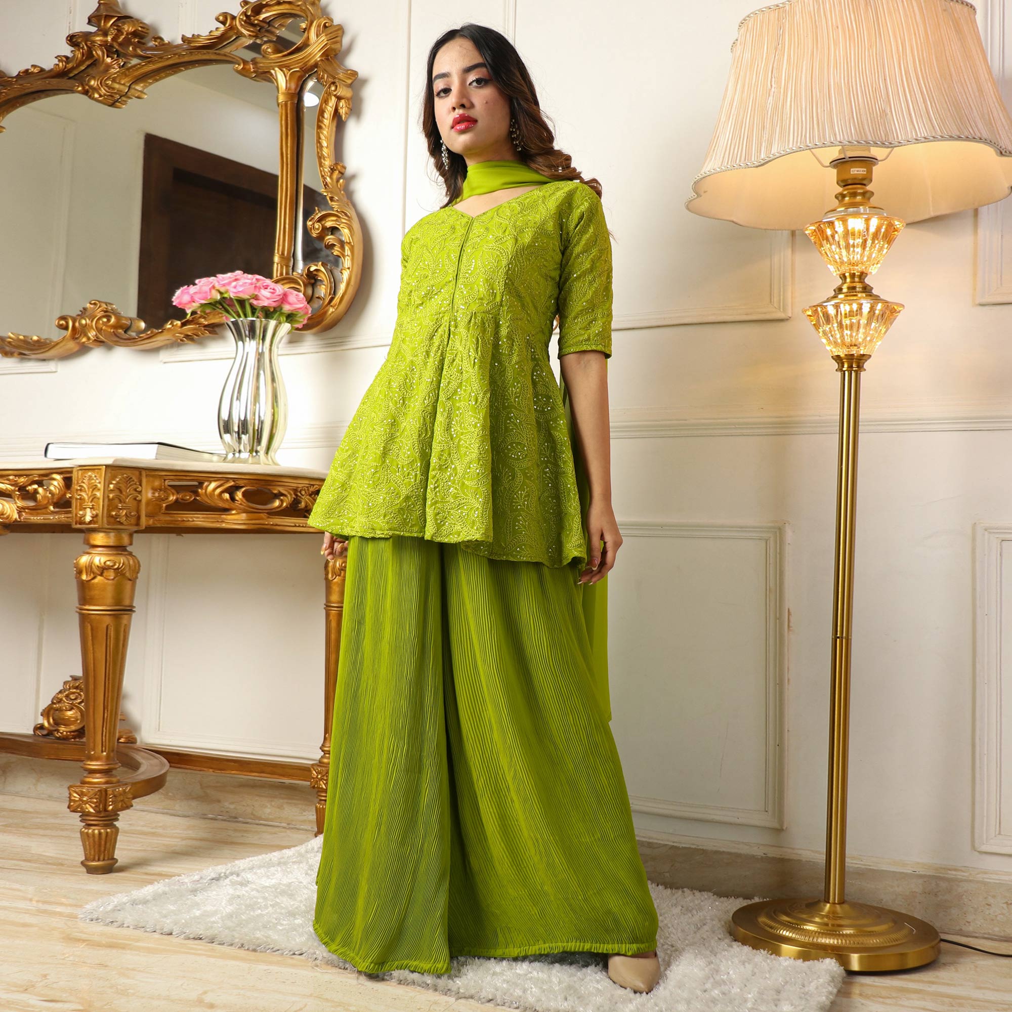 Green Sequins Embroidered Georgette Sharara Suit