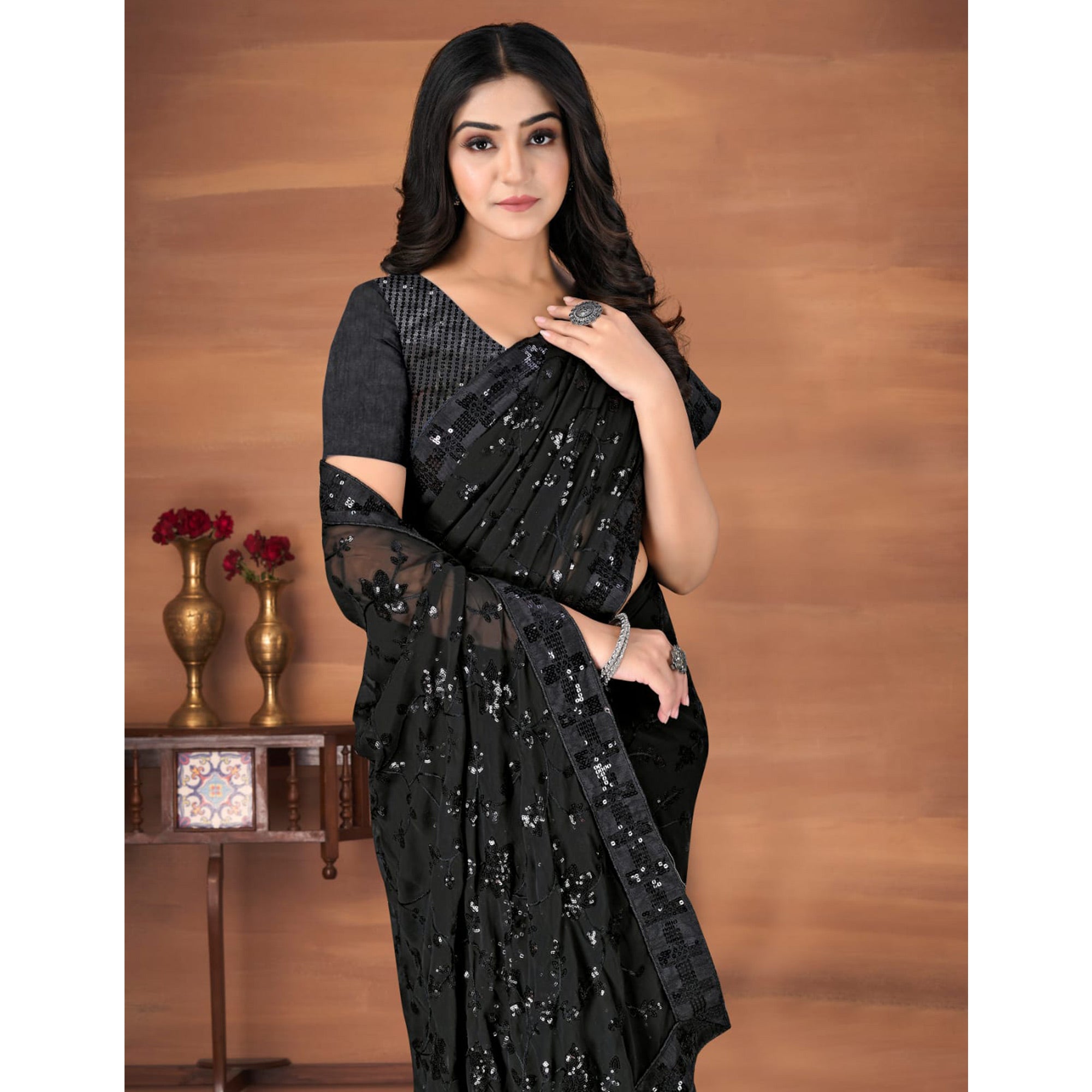 Black Sequins Emroidered Georgette Saree