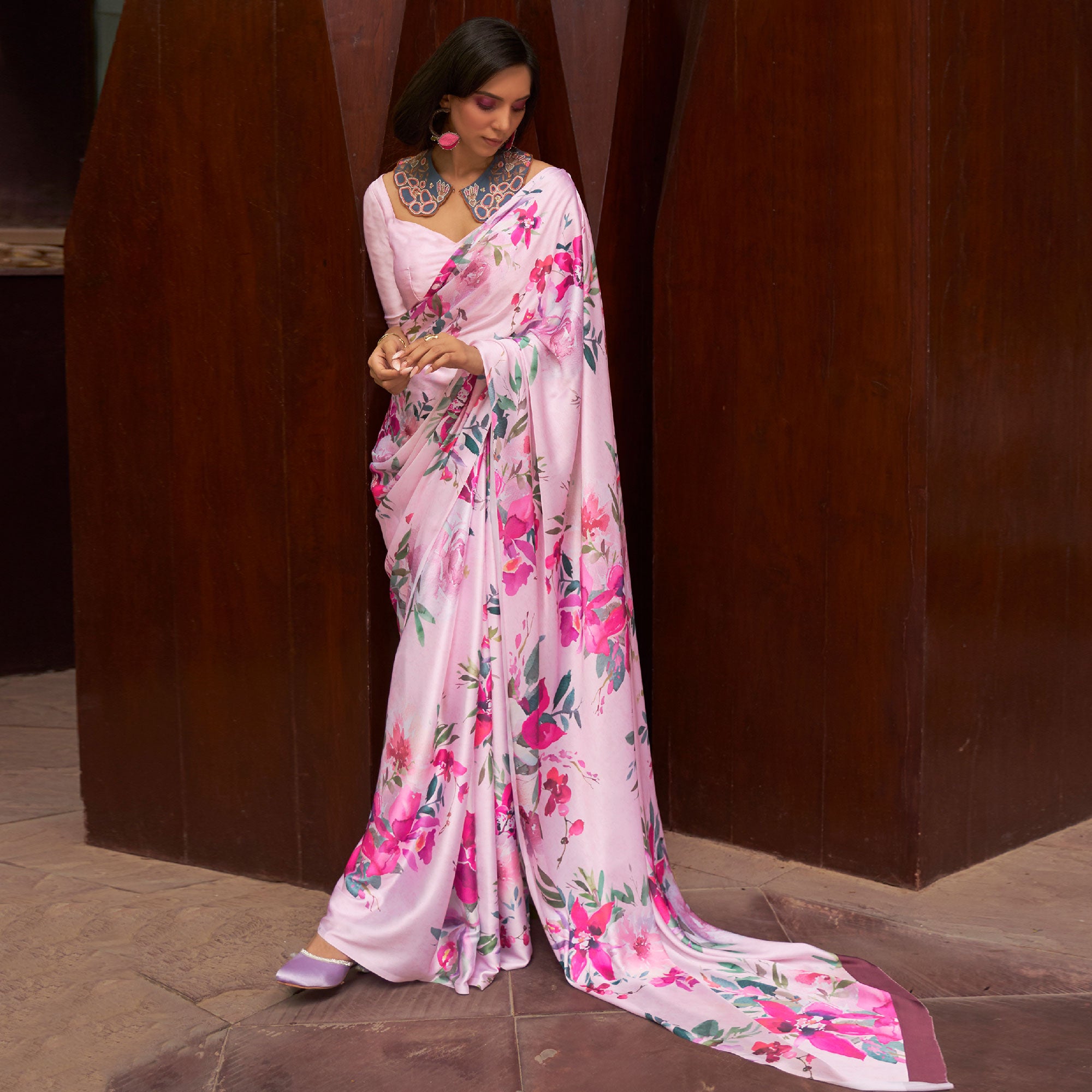Pink Floral Digital Printed Satin Saree