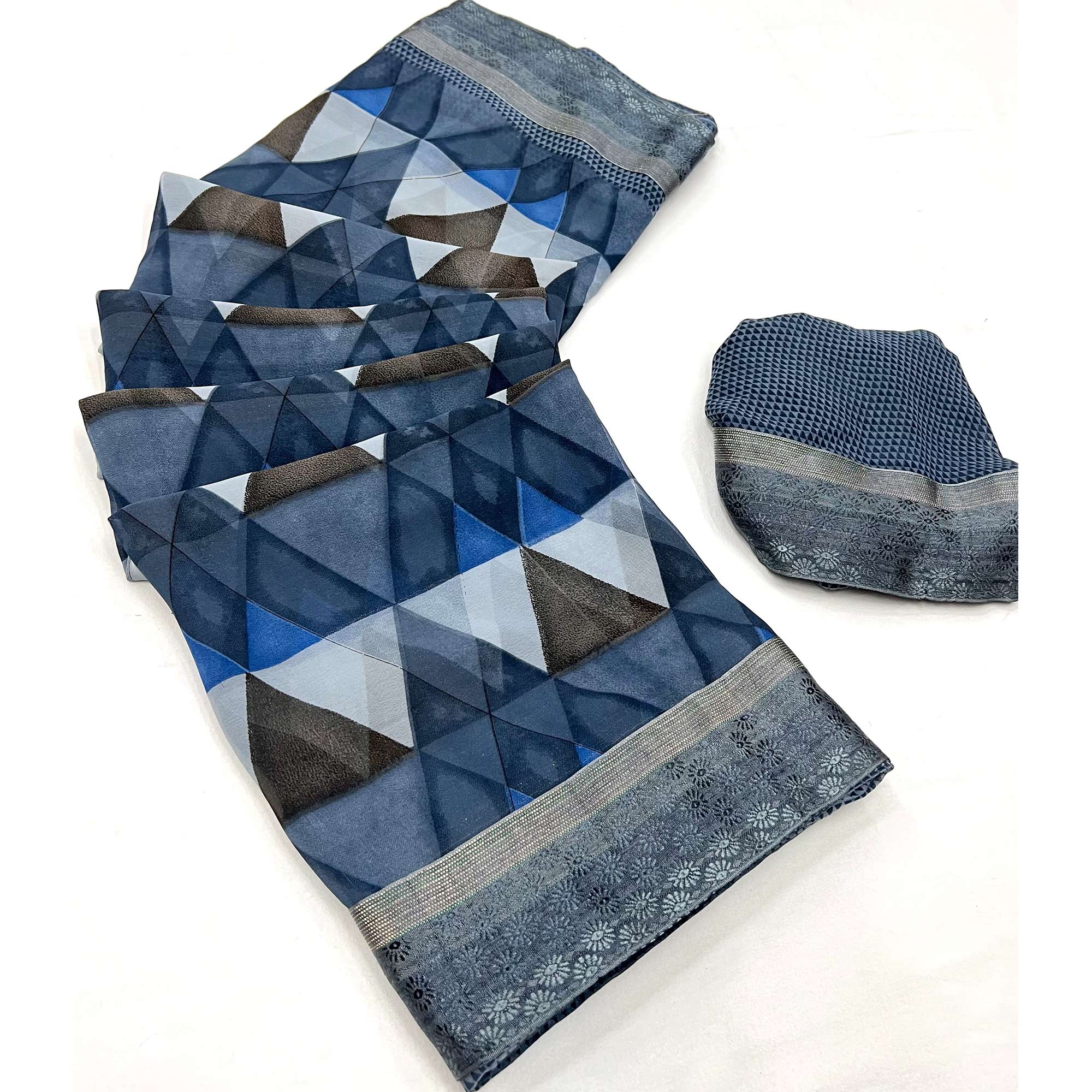 Blue Geometric Printed Georgette Saree