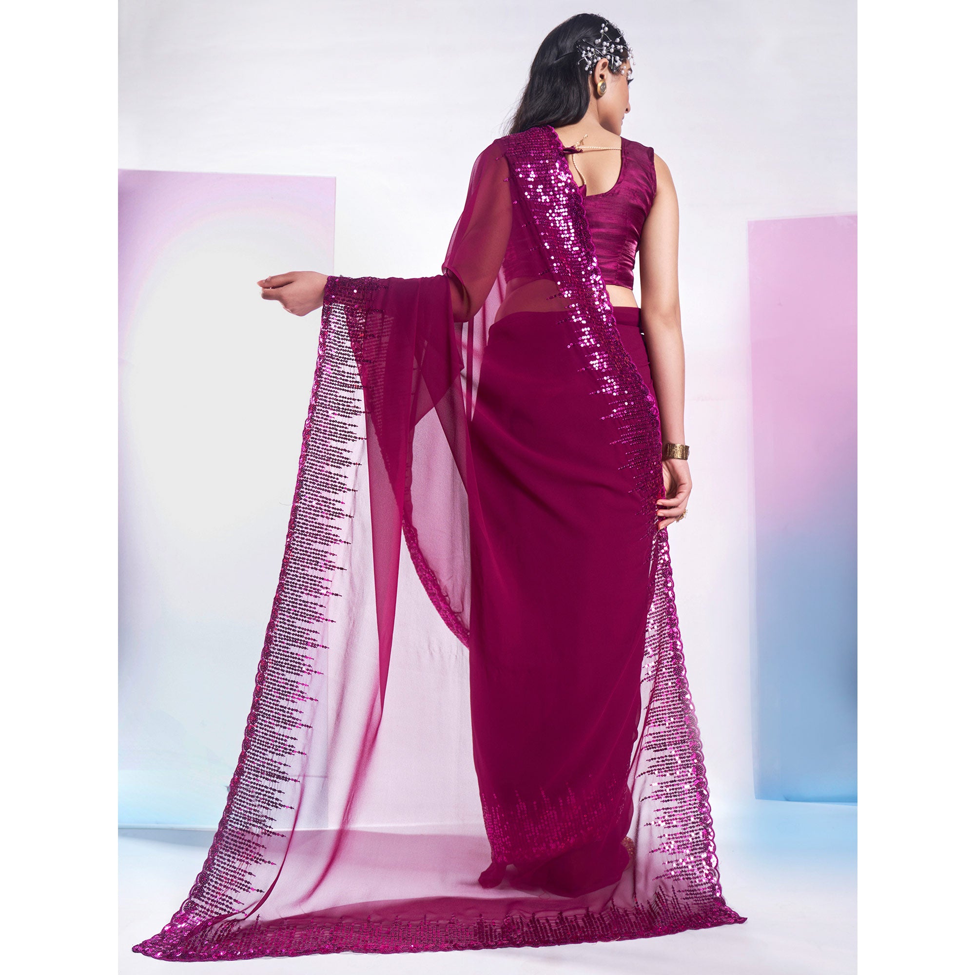 Purple Sequins Embroidered Georgette Saree