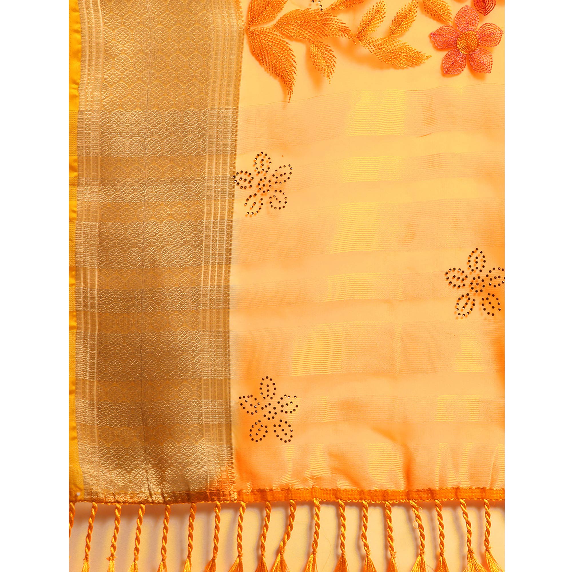 Yellow Floral Embroidered Organza Saree