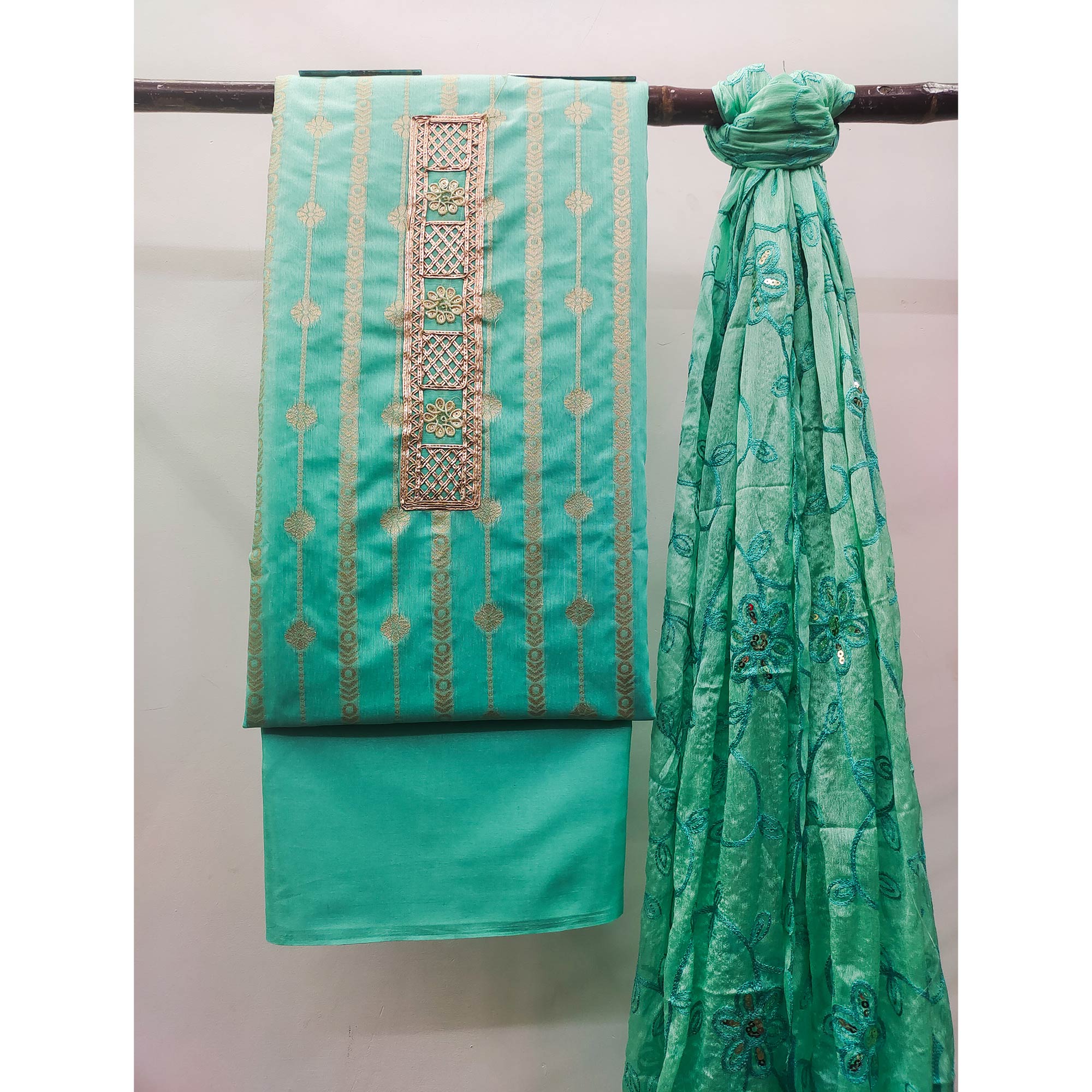 Sea Green Woven Banarasi Silk Dress Material