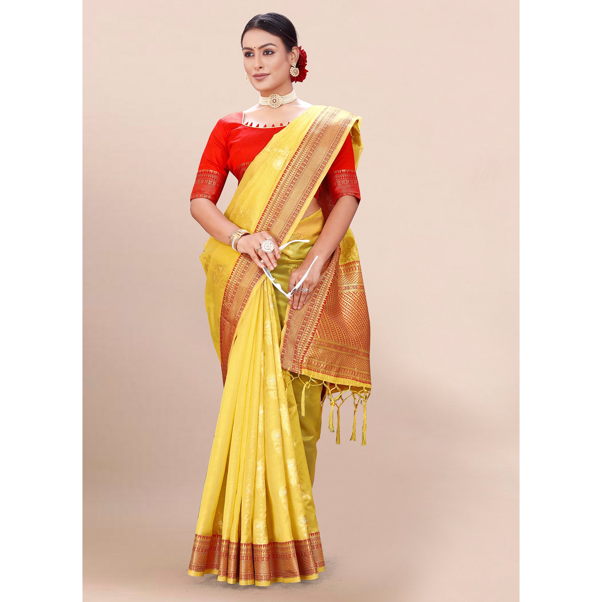 Yellow Woven Organza Saree With Tassels