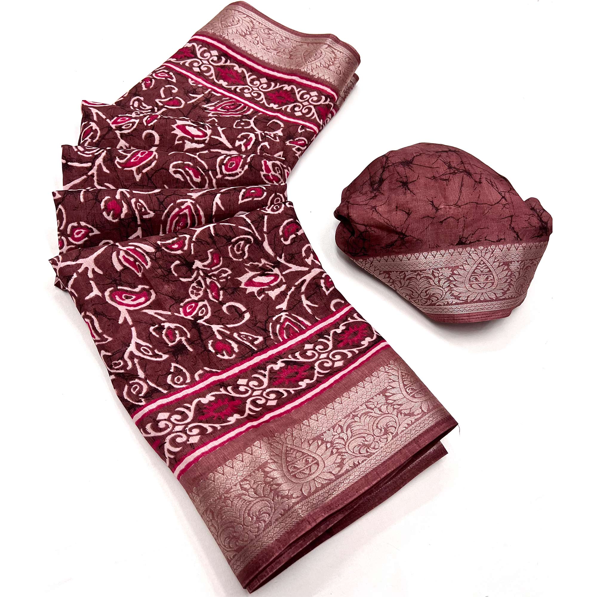 Brown Printed Dola Silk Saree