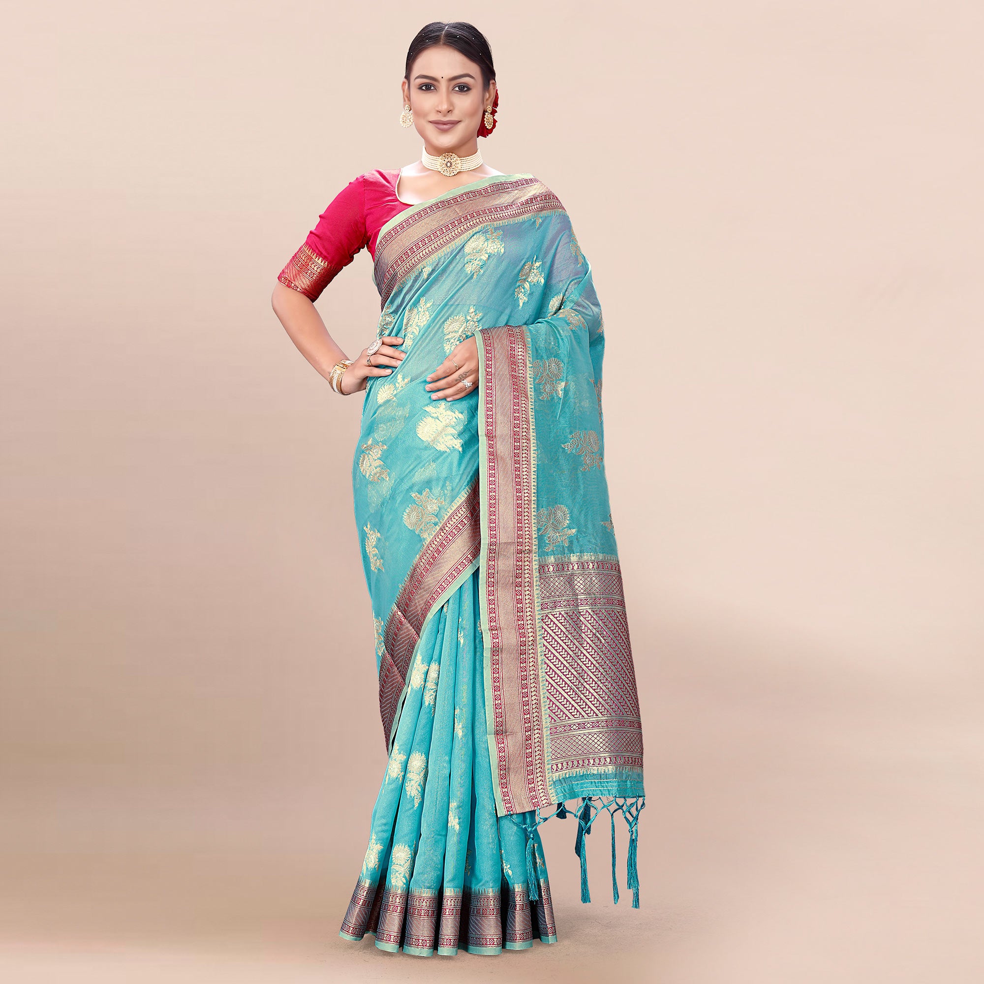 Blue Woven Organza Saree With Tassels