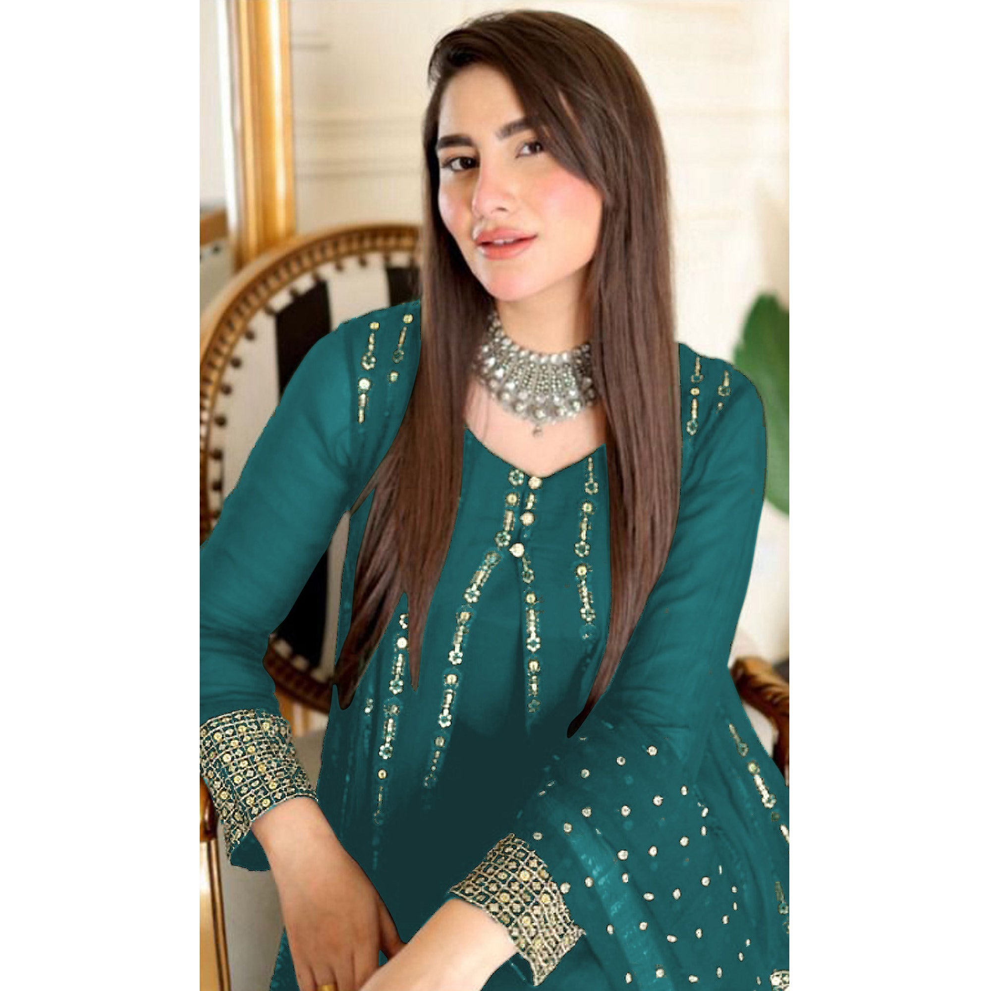 Rama Blue Sequins Embroidered Georgette Pakistani Suit