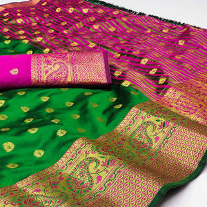 Green Woven Jacquard Saree With Tassels