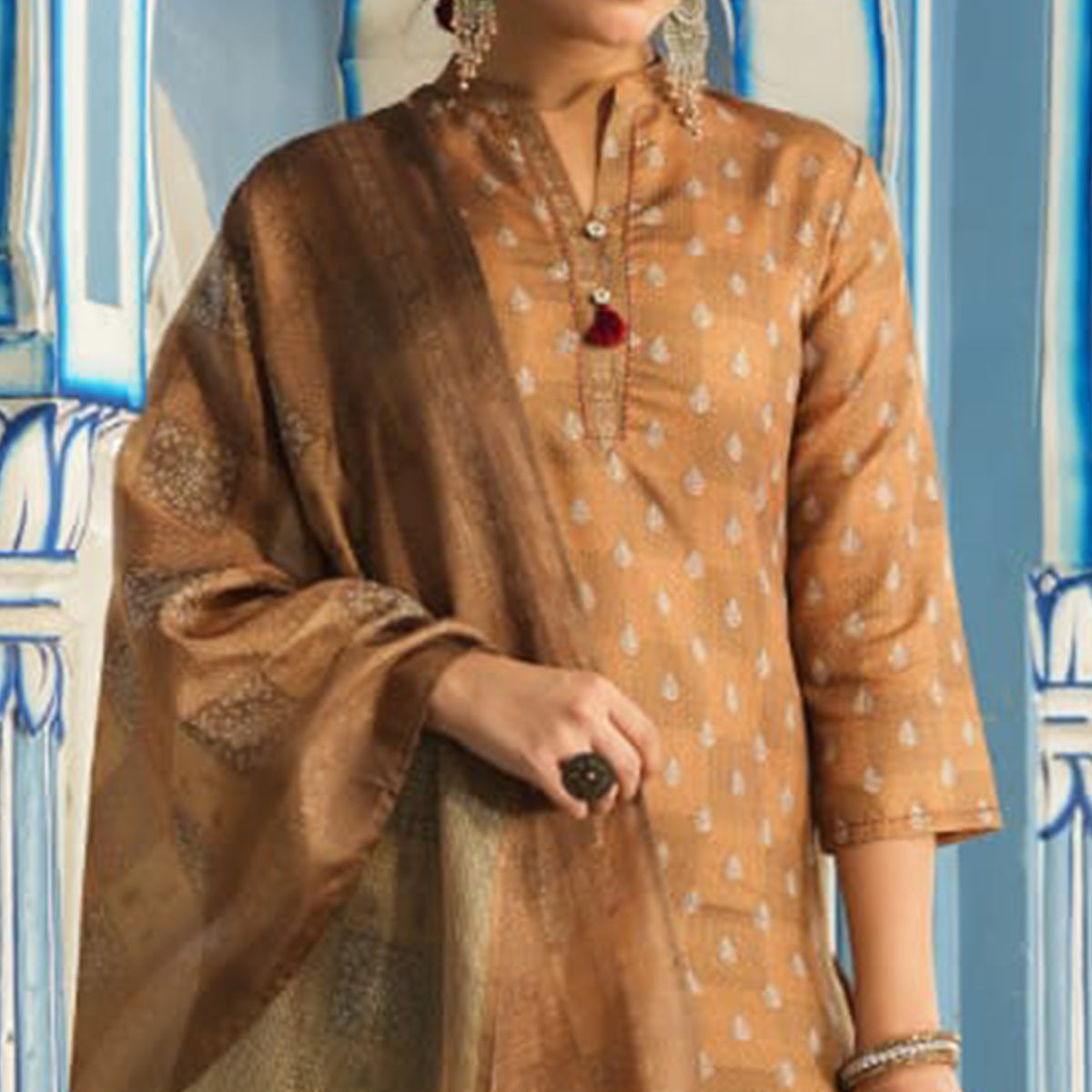 Brown Checked Printed Rayon Suit