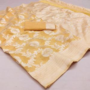 Yellow Woven Cotton Blend Saree With Tassels