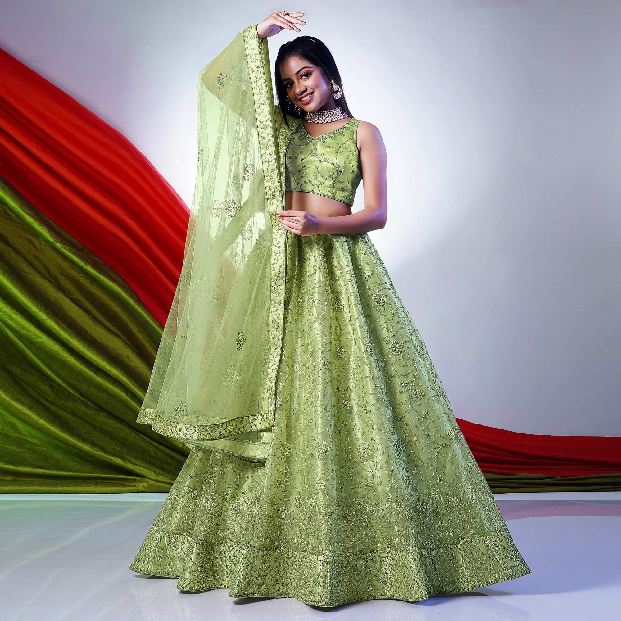 Green Floral Embroidered Net Lehenga Choli