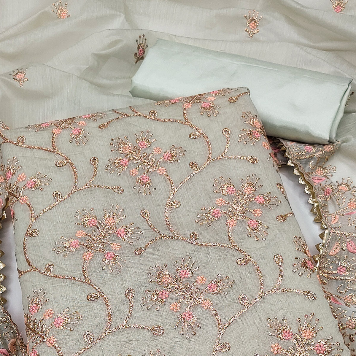 Grey Floral Embroidered Chanderi Dress Material