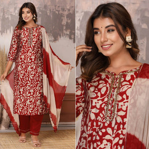 Dark Red Floral Printed Muslin Salwar Suit