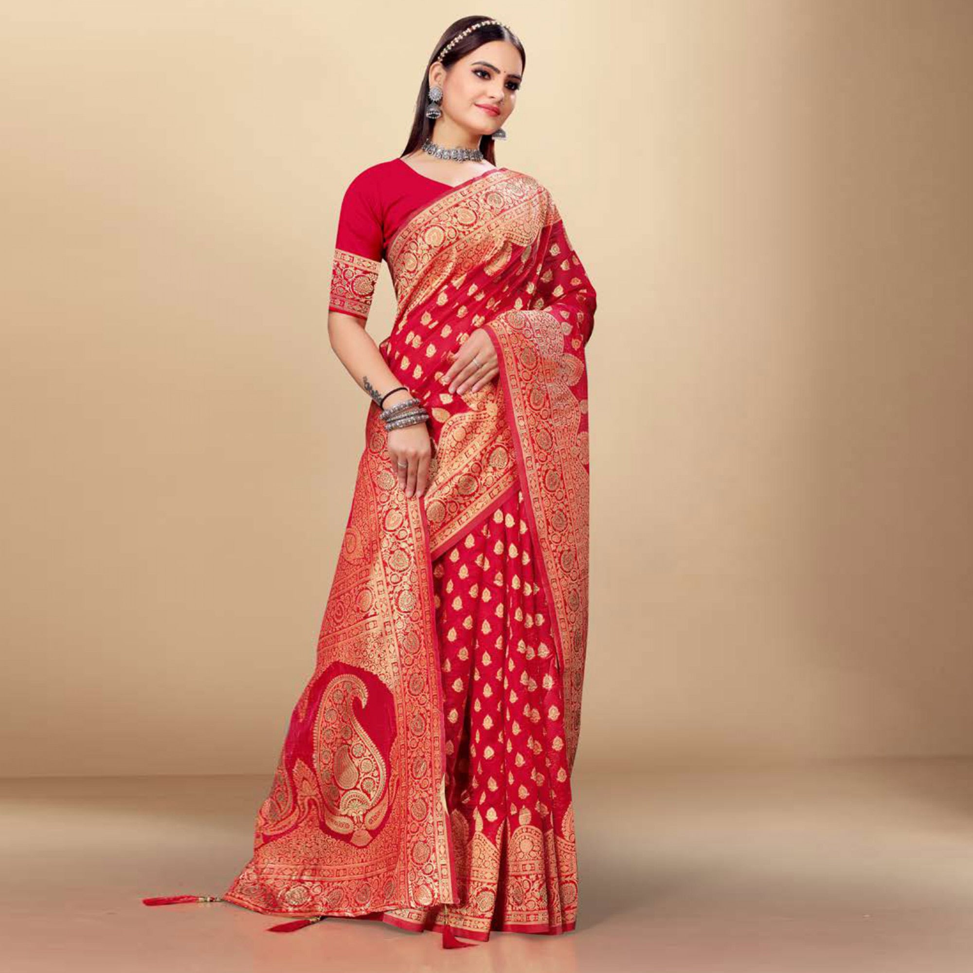 Red Woven Art Silk Saree With Tassels