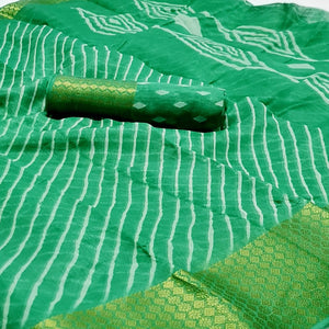 Green Striped Printed Linen Saree