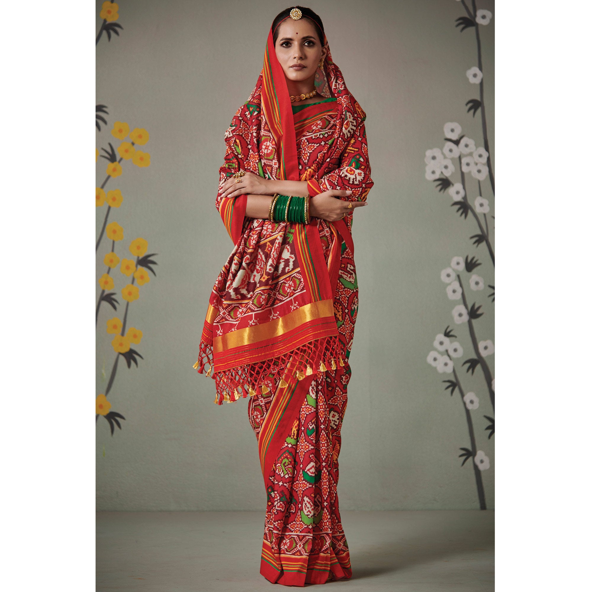 Red Printed Patola Art Silk Saree With Tassels