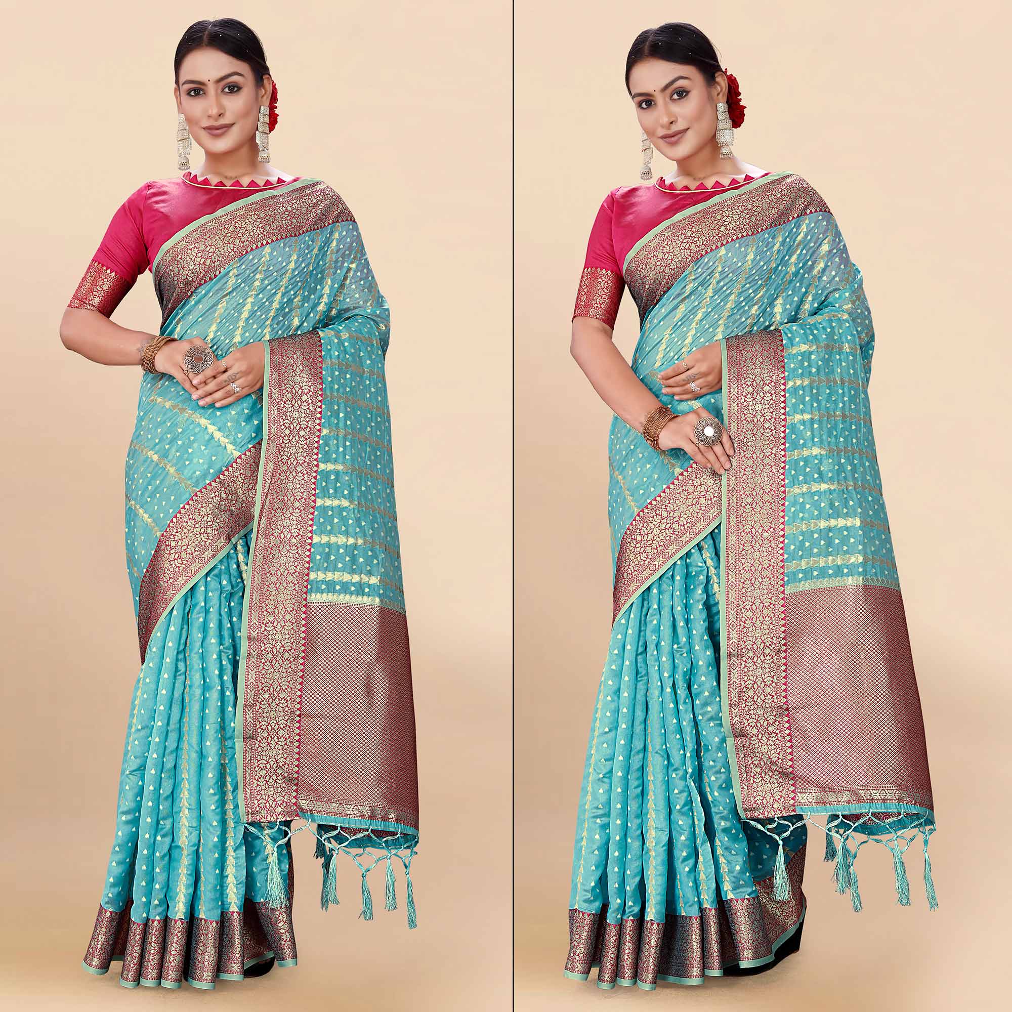 Blue Woven Organza Saree With Tassels