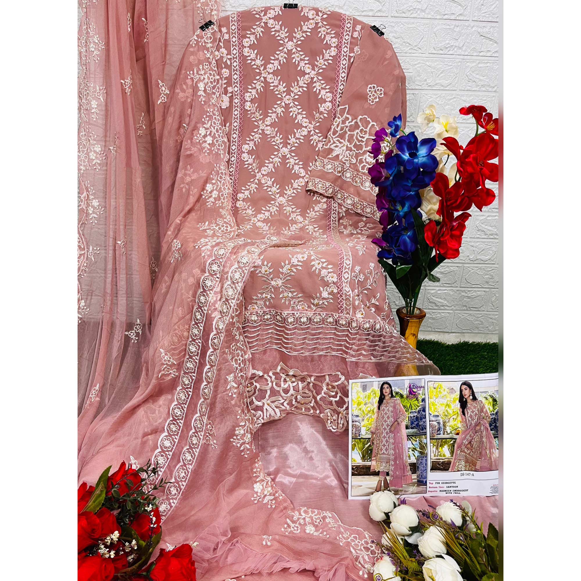 Peach Floral Embroidered Georgette Salwar Suit