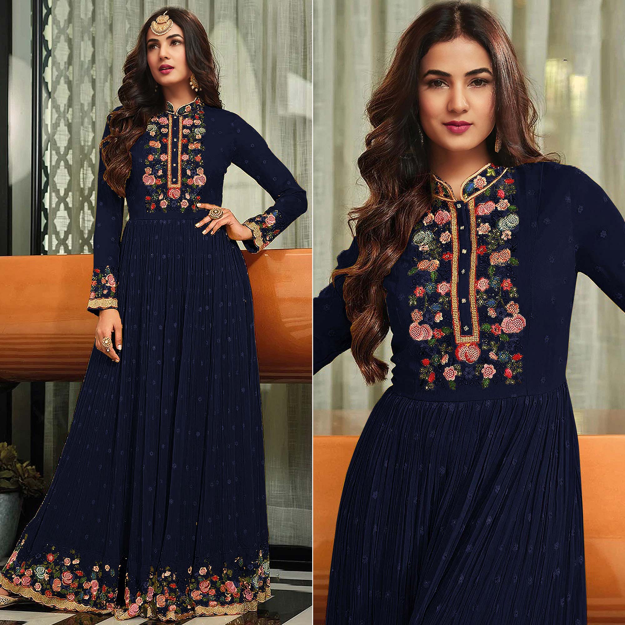 Navy Blue Embroidered Georgette Gown