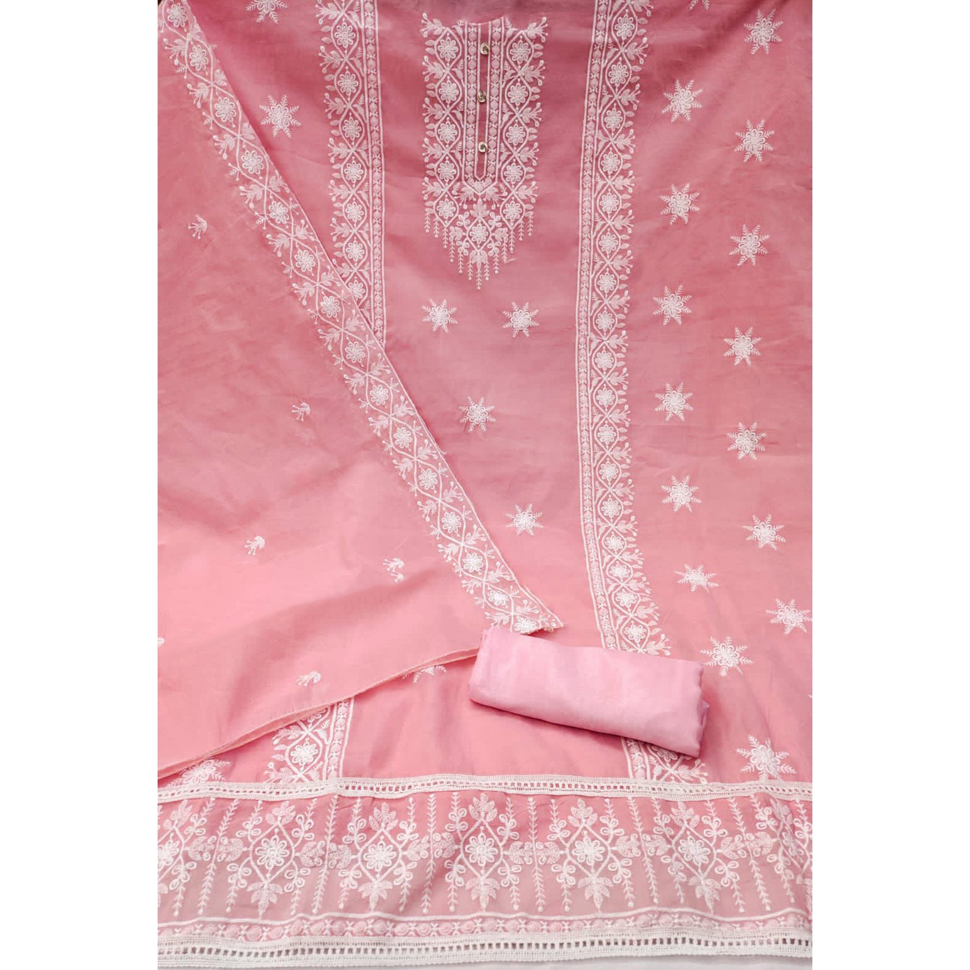 Pink Floral Embroidered Chanderi Dress Material