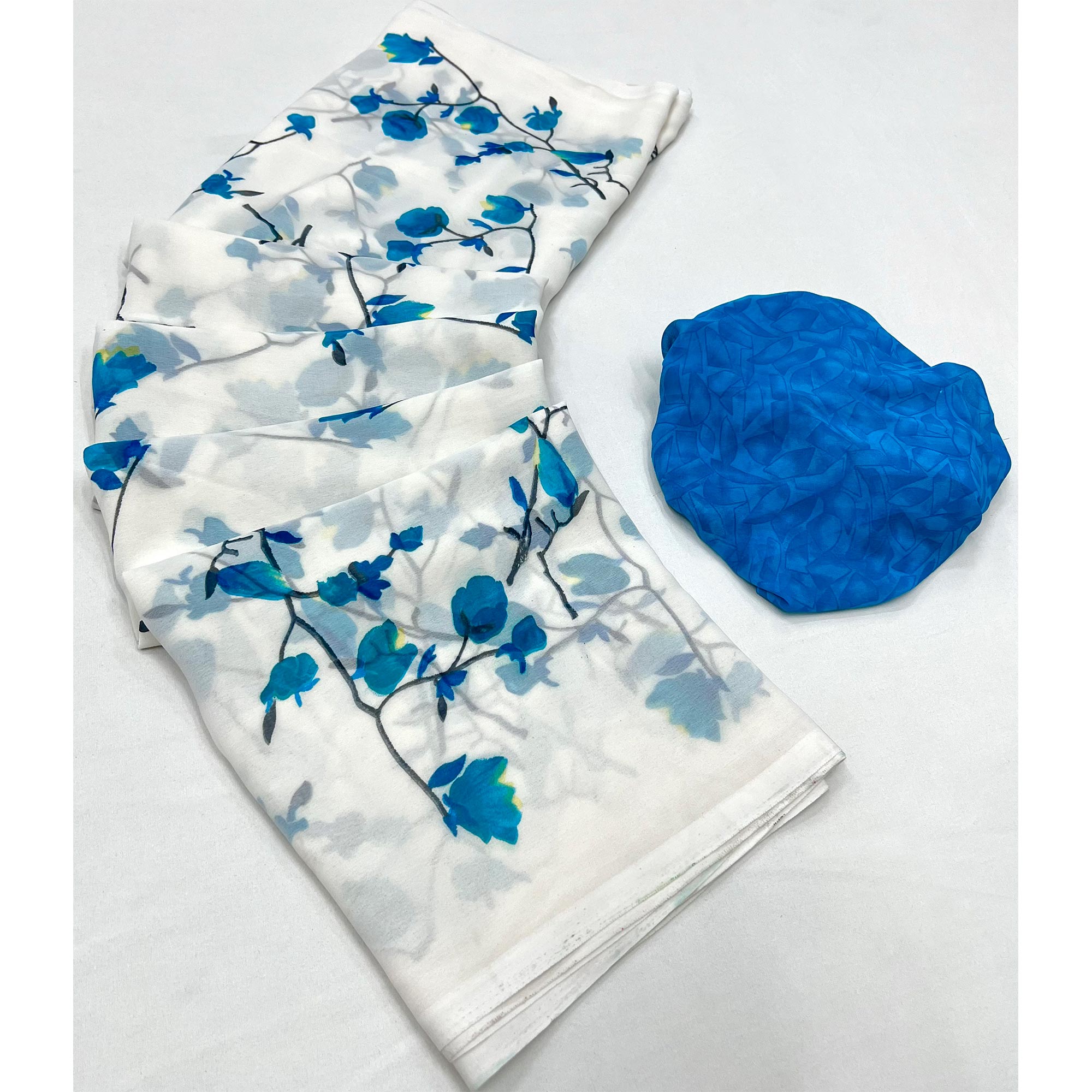 White Blue Floral Printed Georgette Saree